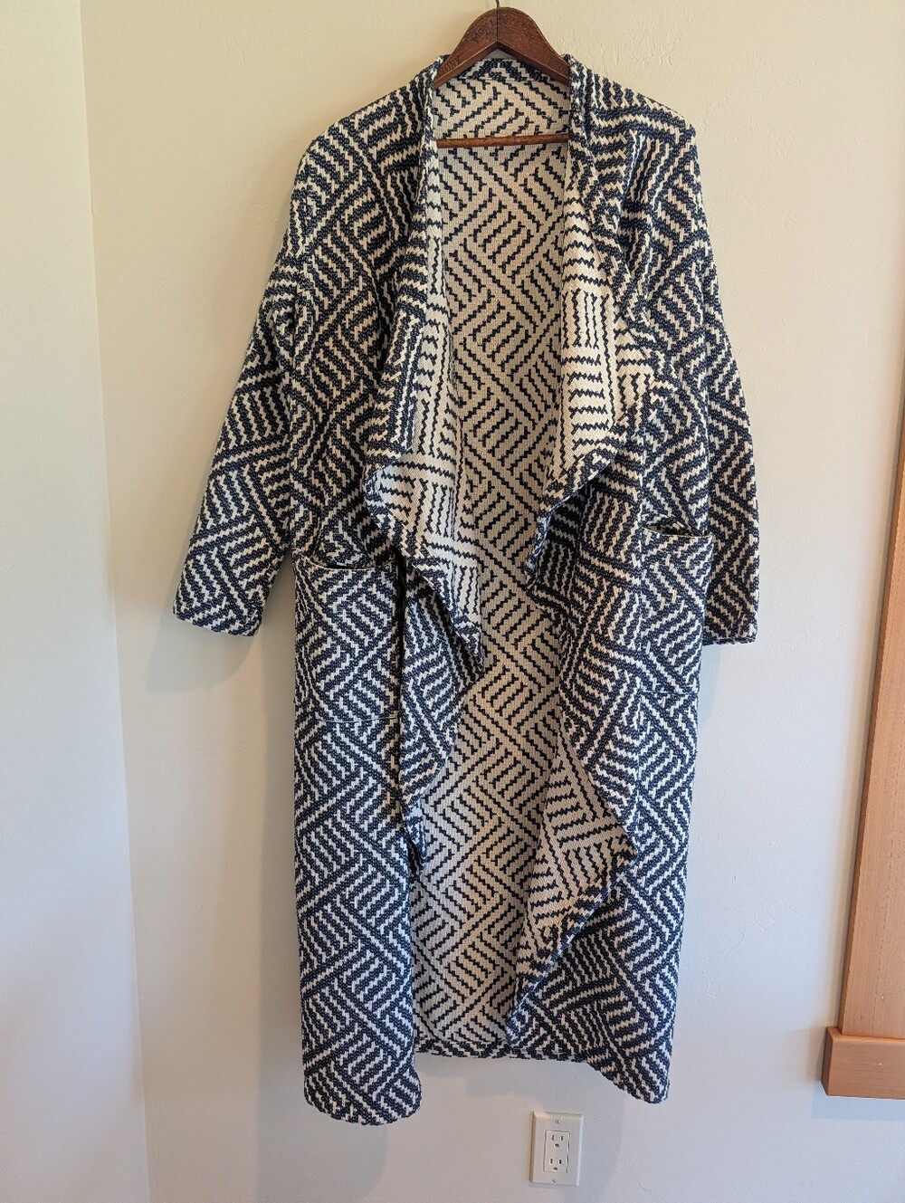 Rodebjer Vive Zig Zag Reversible Long Line Open Front Cotton Cardigan Navy Ecru